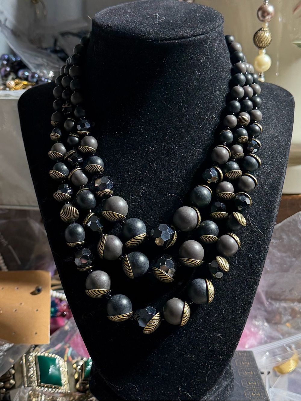Vintage Premier Designs Triple-Strand Black Beaded Necklace
